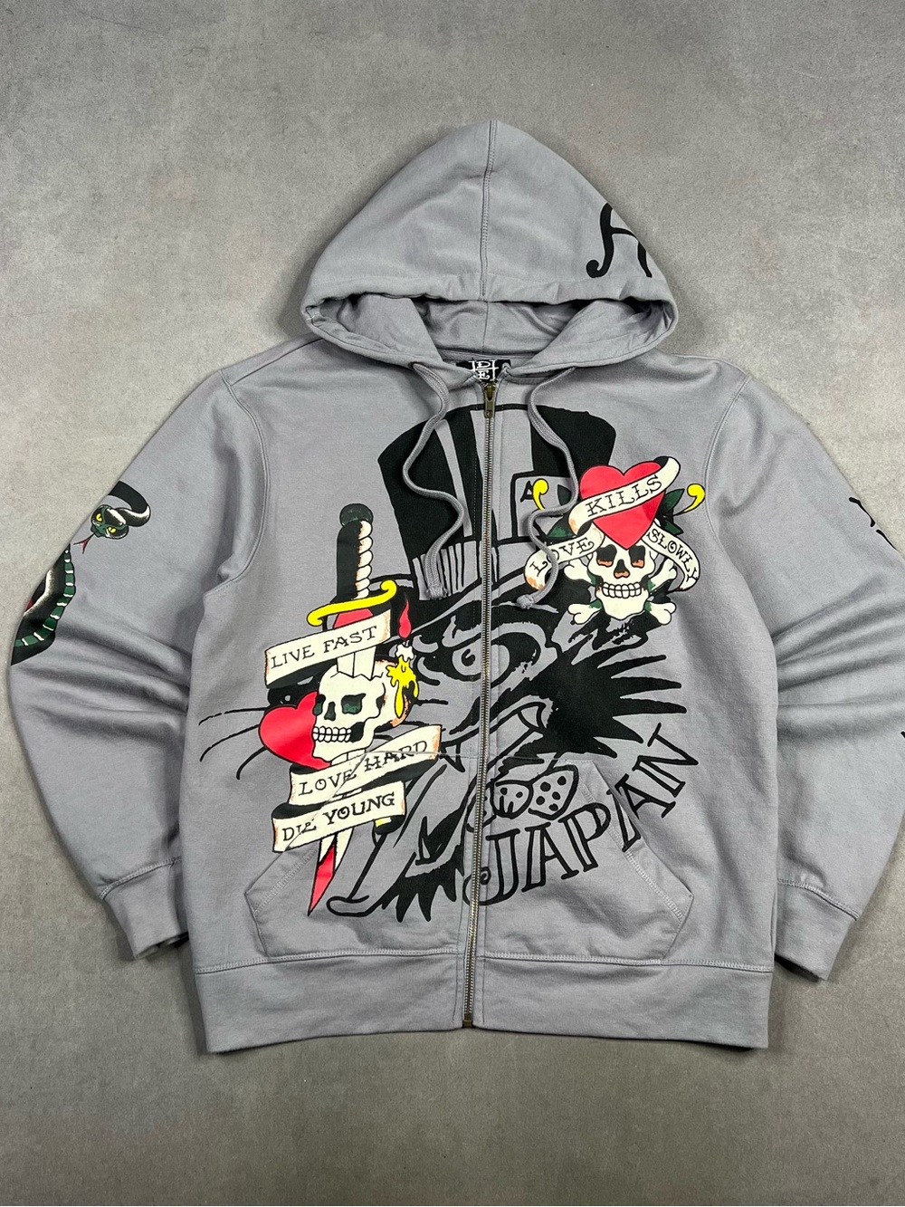 Ed Hardy Gray Graphic Skull & Heart Zip Hoodie